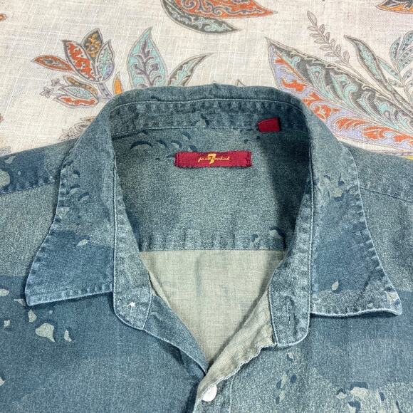 7 For All Mankind Linen Green Camouflage Style Short Sleeve Button Shirt M Camo - Picture 3 of 7